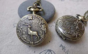 1 PC Antique Bronze Deer Flower Pocket Watch A7198