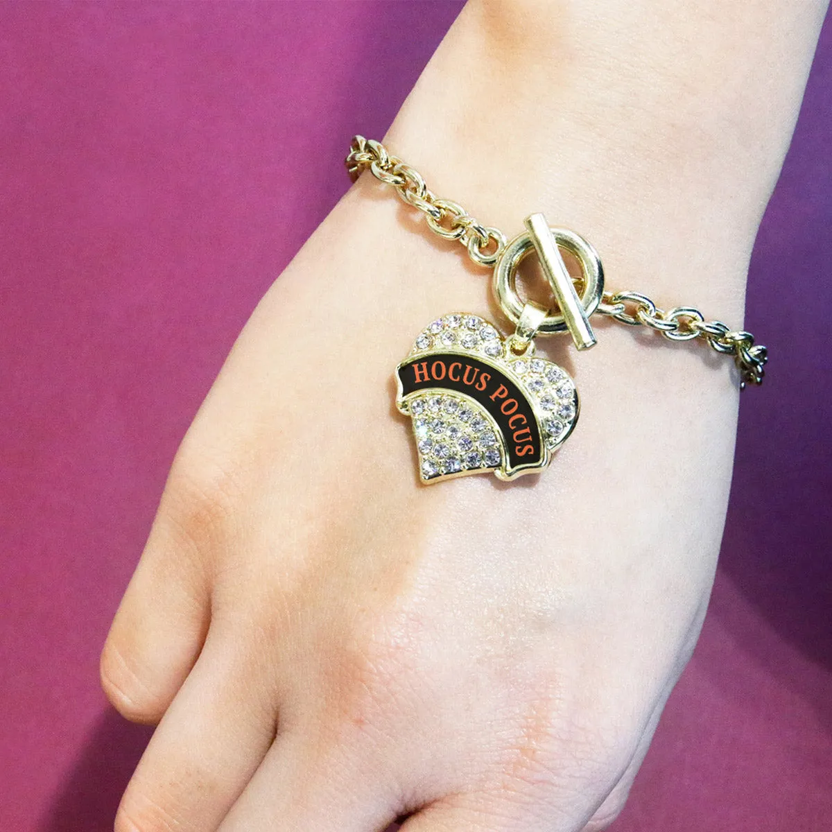 Gold Hocus Pocus Pave Heart Charm Toggle Bracelet