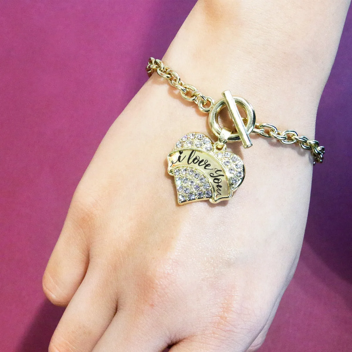 Gold I Love You - Handwritten Script Pave Heart Charm Toggle Bracelet