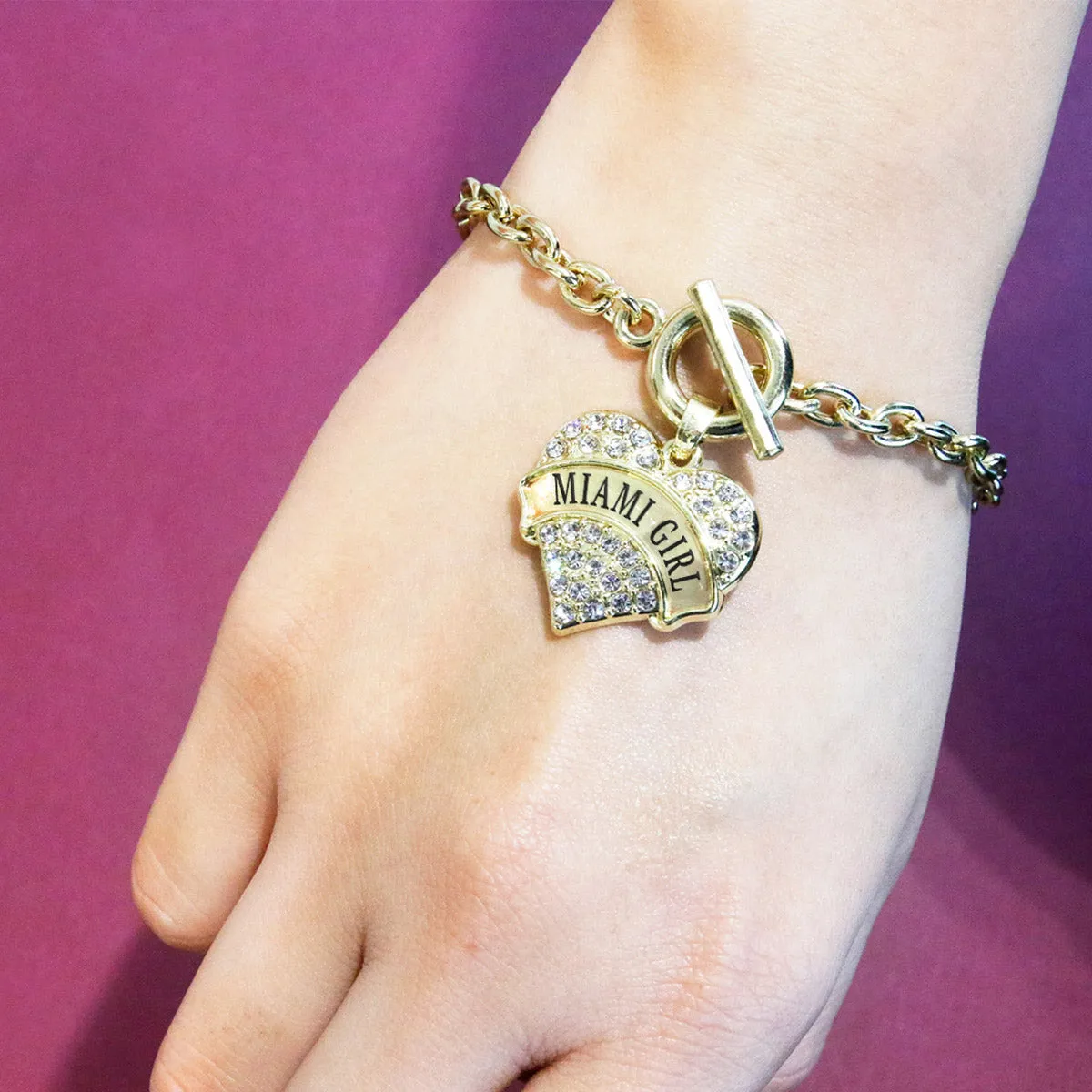 Gold Miami Girl Pave Heart Charm Toggle Bracelet