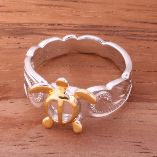 Hawaiian Scroll Two Tone Yellow Gold Plated Honu Cut Out Edge Toe Ring