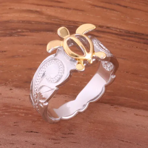 Hawaiian Scroll Two Tone Yellow Gold Plated Honu Cut Out Edge Toe Ring