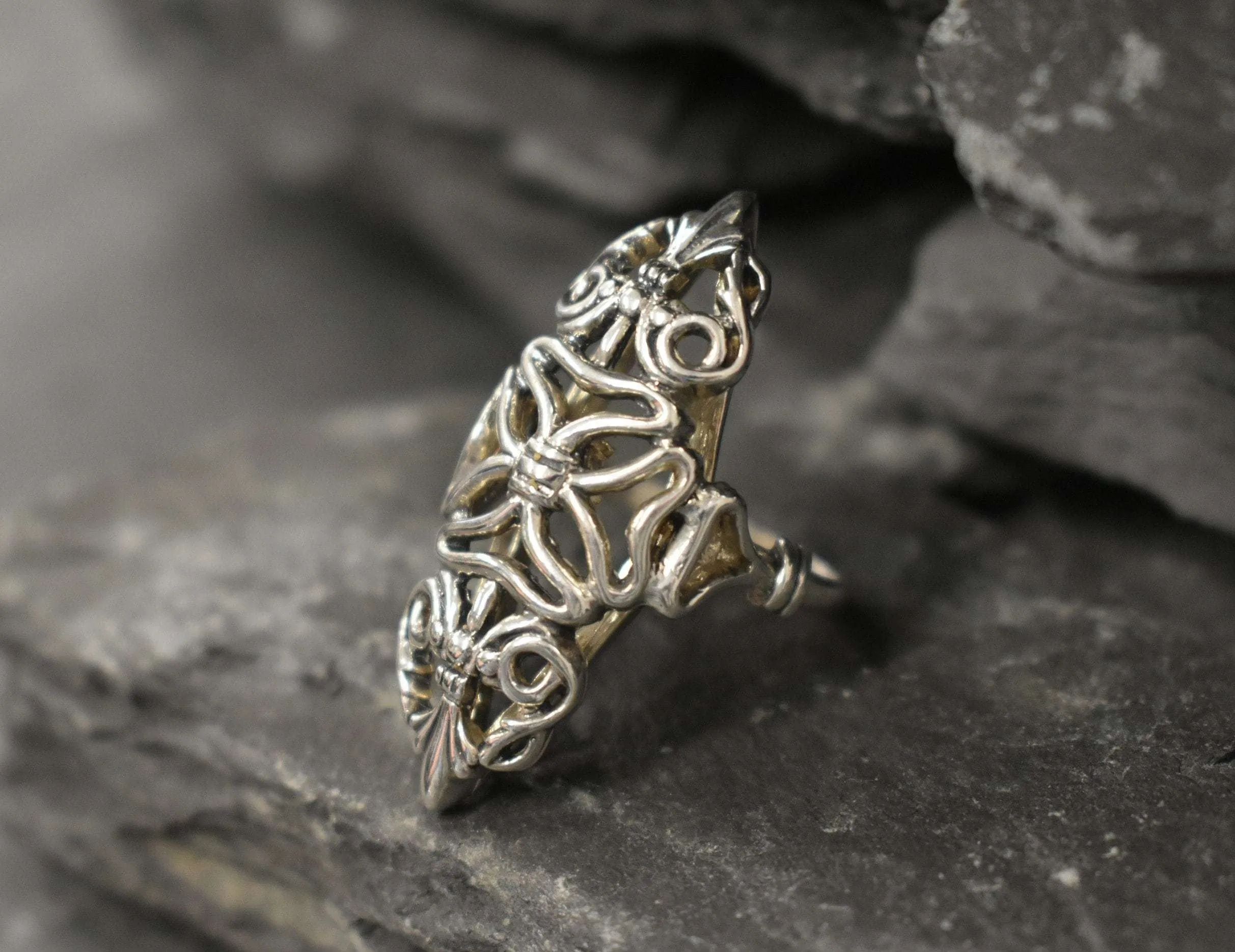 Silver Vintage Ring - Large Ornament Ring - Silver Statement Ring