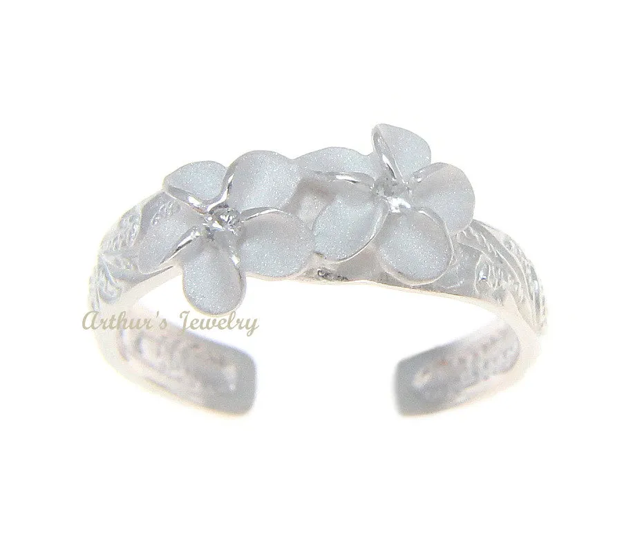 STERLING SILVER 925 HAWAIIAN 2 PLUMERIA FLOWER SCROLL TOE RING WHITE CZ