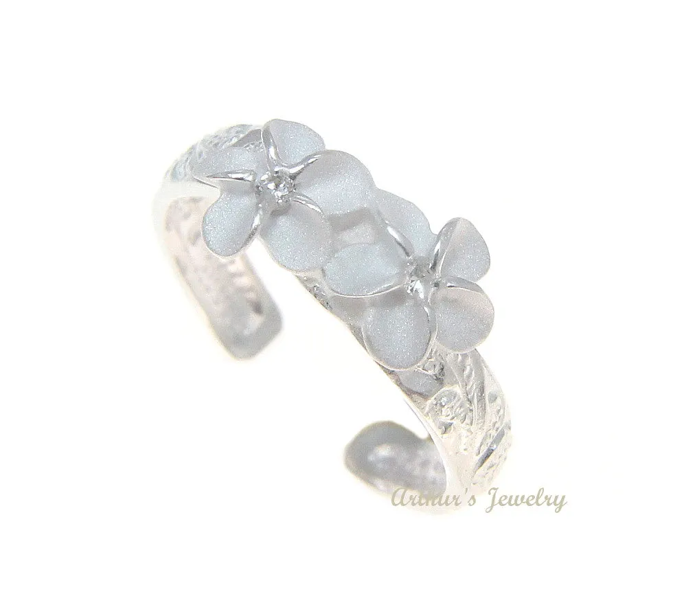 STERLING SILVER 925 HAWAIIAN 2 PLUMERIA FLOWER SCROLL TOE RING WHITE CZ