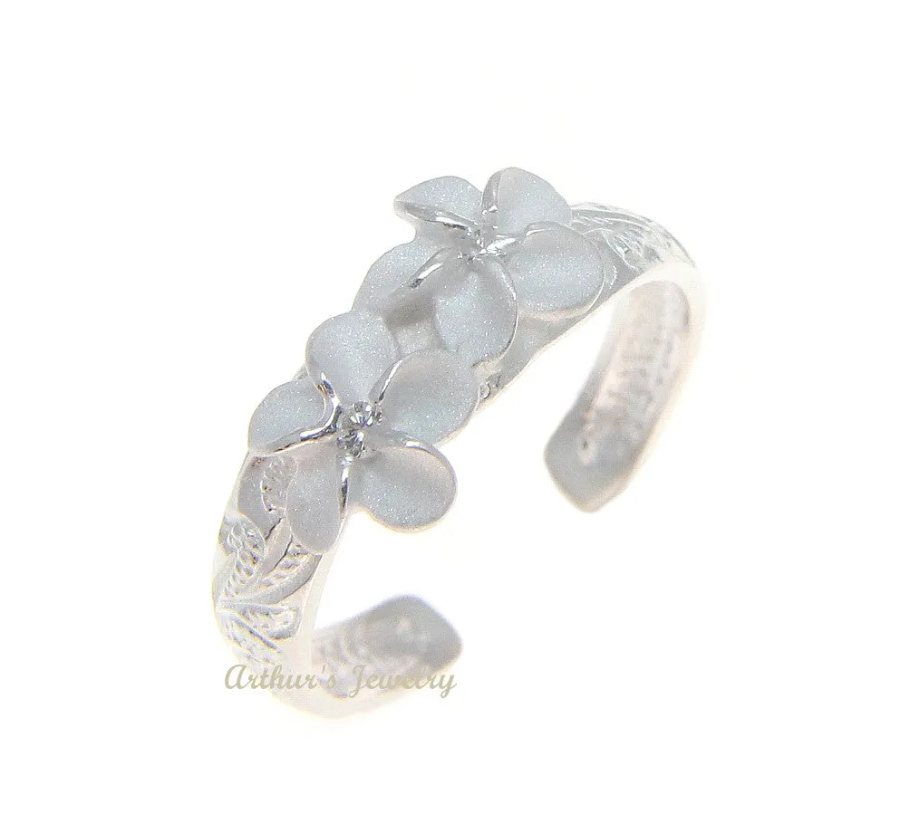 STERLING SILVER 925 HAWAIIAN 2 PLUMERIA FLOWER SCROLL TOE RING WHITE CZ