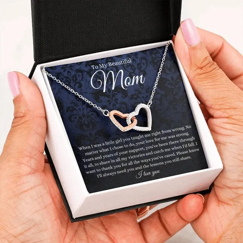 To My Beautiful Mom necklace, Mother Gift Jewelry, Interlocking Hearts Gift For Mom From Daughter