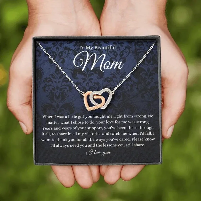 To My Beautiful Mom necklace, Mother Gift Jewelry, Interlocking Hearts Gift For Mom From Daughter