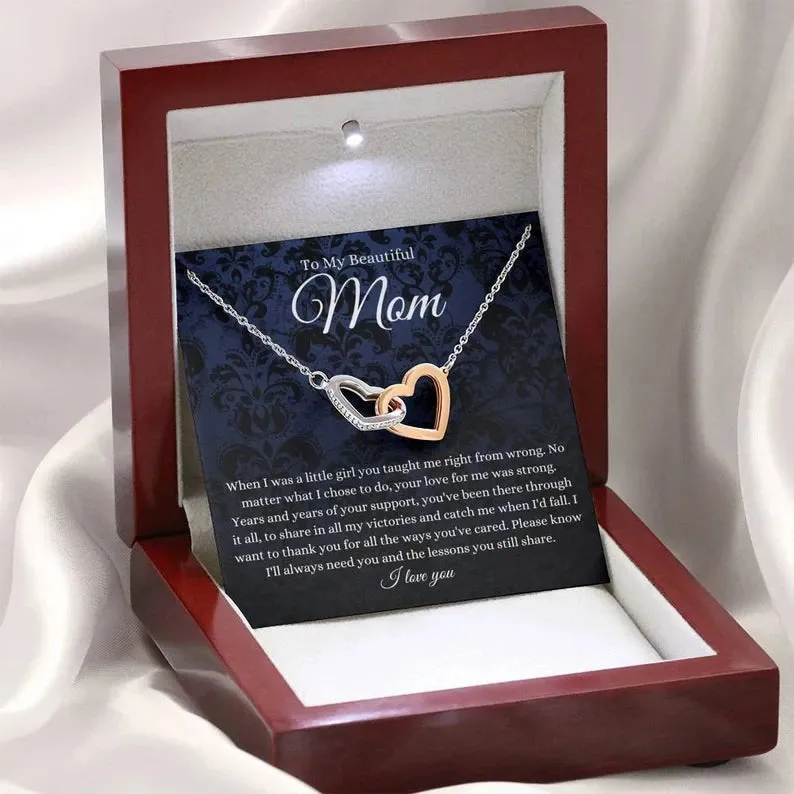 To My Beautiful Mom necklace, Mother Gift Jewelry, Interlocking Hearts Gift For Mom From Daughter