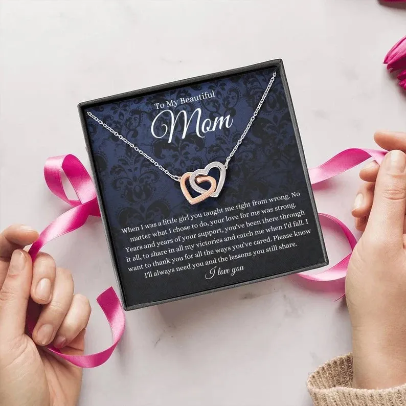 To My Beautiful Mom necklace, Mother Gift Jewelry, Interlocking Hearts Gift For Mom From Daughter