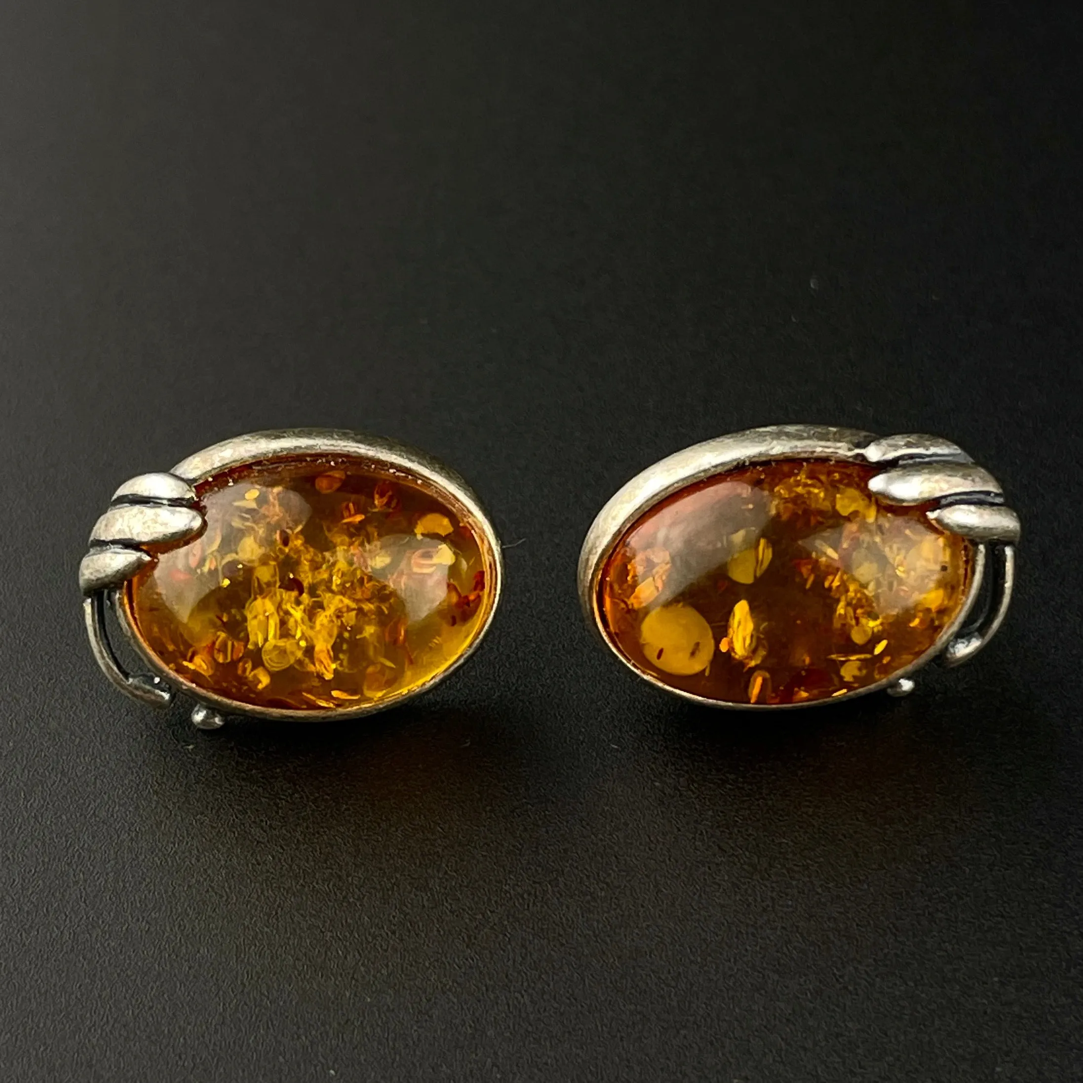 Vintage Arts and Crafts Style Silver Baltic Amber Cabochon Earrings