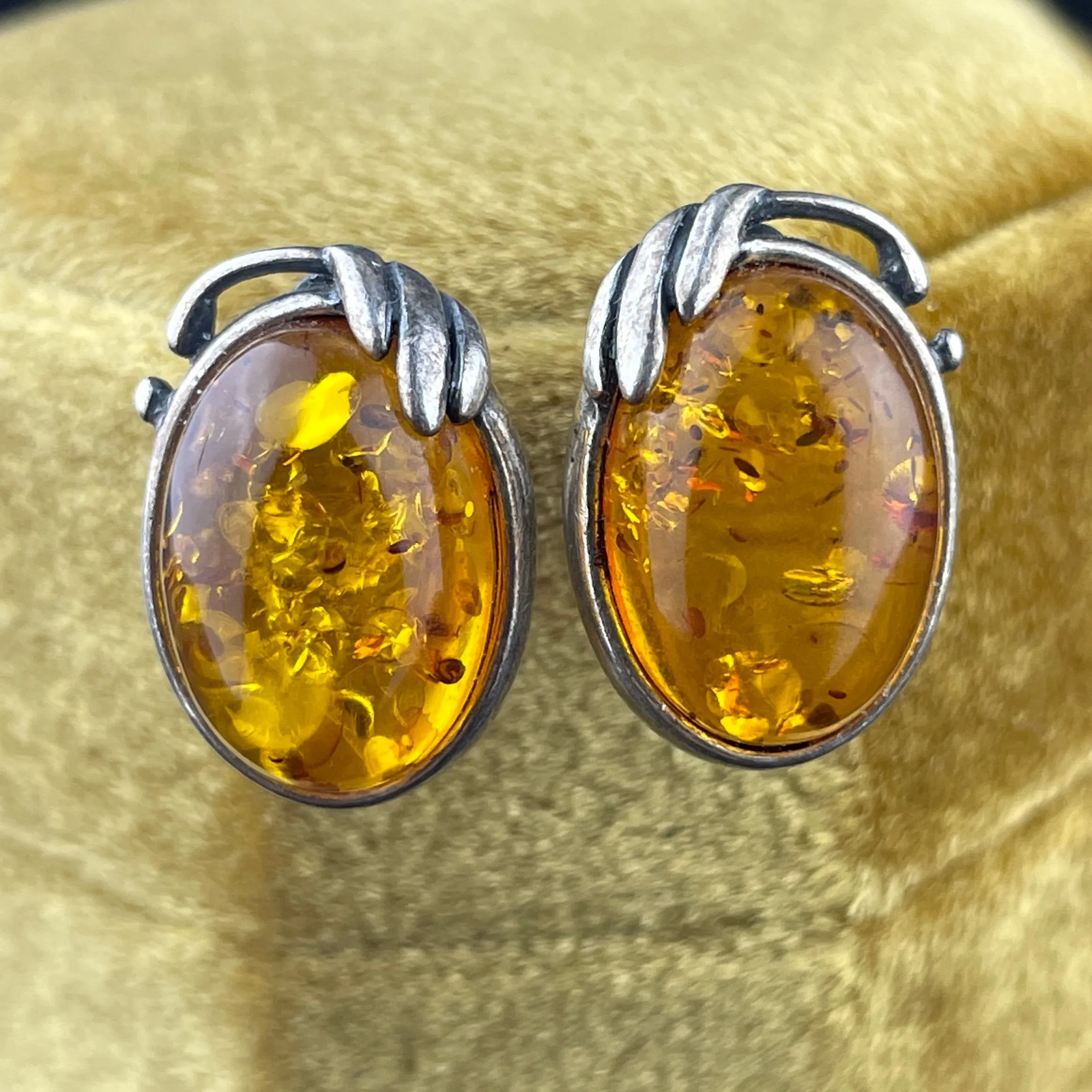 Vintage Arts and Crafts Style Silver Baltic Amber Cabochon Earrings